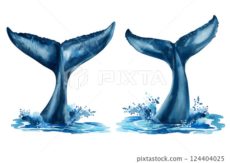 watercolor illustration whale tails splashing in ocean water, marine animal fins sea wildlife painting, underwater scene 124404025