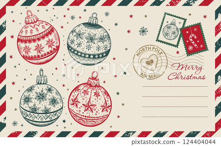 Christmas mail, postcard, hand drawn illustration.	 124404044