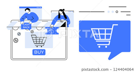 E-commerce website interface highlighting shopping cart, buy button, cash back, and discount offers. Two people interacting online. Ideal for online shopping, digital marketing, e-commerce 124404064