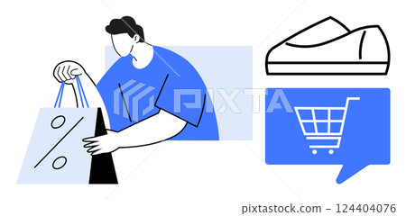 Man carrying discounts shopping bags, speech bubble with shopping cart, and outline of a shoe. Ideal for online shopping promotions, retail sales, digital marketing, e-commerce platforms, discount Man carrying discounts shopping bags, speech bubble with shopping cart, and outline of a shoe. Ideal for online shopping promotions, retail sales, digital marketing, e-commerce platforms, discount 124404076