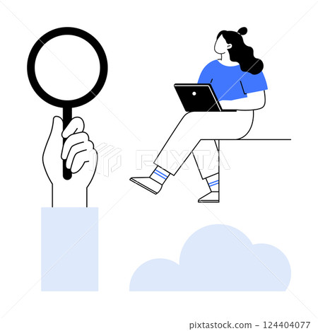 Woman seated on edge with a laptop, large hand holding magnifying glass, cloud icon. Ideal for technology, remote work, online learning, cloud computing, research, digital transformation, minimalist 124404077
