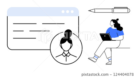 Person working on a laptop, profile icon, webpage, and pen. Ideal for remote work, digital identity, online profiles, freelancing, productive workspace, online interactions, branding. Line metaphor 124404078