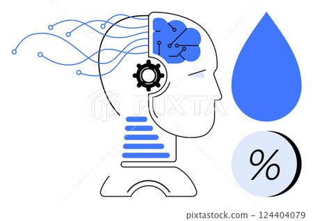 Human head with brain circuitry, gear, and flowing data lines, accompanied by a blue water droplet and percentage symbol. Ideal for AI, data science, technology, innovation, machine learning, brain 124404079
