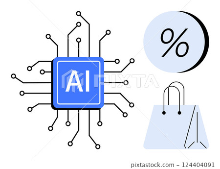 AI chip with interconnected circuit lines, percentage sign and shopping bag. Ideal for e-commerce, machine learning, automation, retail analytics, discounts, consumer behavior, digital marketing 124404091