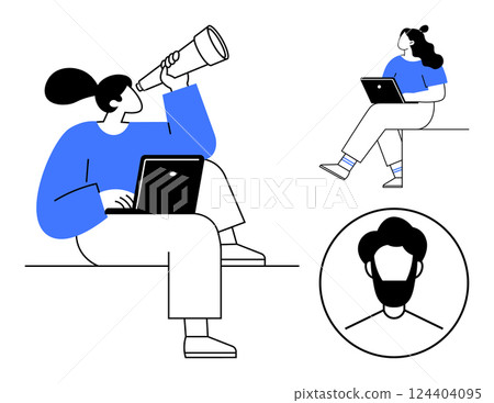 Three individuals, two sitting with laptops, one using telescope, and a circular avatar of a bearded man. Ideal for technology, remote work, communication, collaboration, professional networking Three individuals, two sitting with laptops, one using telescope, and a circular avatar of a bearded man. Ideal for technology, remote work, communication, collaboration, professional networking 124404095