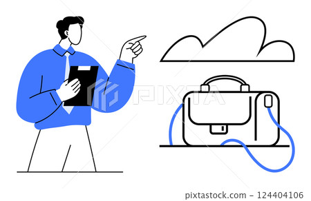 Businessperson holding clipboard, pointing at cloud with briefcase in foreground. Ideal for business, technology, cloud computing, remote work, career development, data storage, and office 124404106