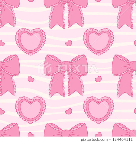 Vintage seamless pattern Coquette Pink Bow Ribbon and Heart on Groovy Distorted Stripe Background. Romantic Girly Vibe. Trendy aesthetic patterned backdrop template. Vector illustration 124404111
