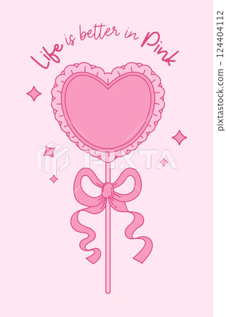Vintage Coquette Pink Heart Decor with Ribbon Bow on Stick. Romantic Girly Vibe. Vector illustration. Cute Trendy Aesthetic card with Motivational Quote 124404112