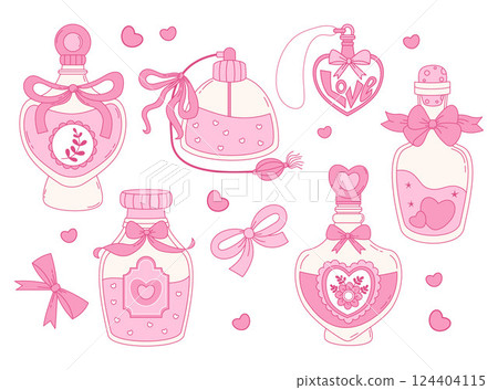 Pink Vintage Coquette Bottles and Perfume with Ribbon Bow Collection. Romantic Girly Vibe. Vector illustration. Isolated Trendy Aesthetic beauty accessories cosmetics in glass bottles with cork 124404115