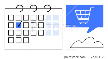 Calendar with marked date, shopping cart icon in blue speech bubble, cloud. Ideal for e-commerce, promotions, sales planning, marketing, digital events, scheduling, holidays. Line metaphor 124404128