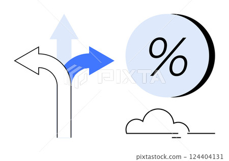 Three arrows pointing in different directions, a large percentage symbol within a circle, and a small cloud. Ideal for finance, decision making, business growth, forecasting, planning, strategic 124404131