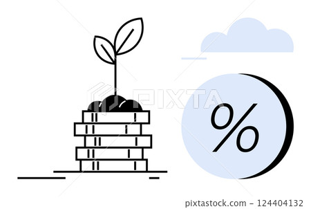 Plant growing from a stack of coins beside a percentage symbol in a blue circle and a cloud. Ideal for financial growth, savings, investments, interest rates, environmental finance, financial 124404132