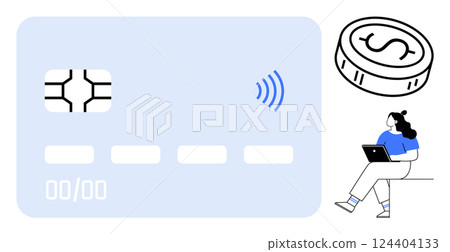 Contactless credit card with chip and wireless symbol, coin with dollar sign, professional woman working on laptop. Ideal for electronic payments, mobile banking, e-commerce, finance, business 124404133