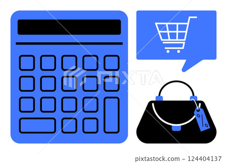 Blue calculator, shopping cart speech bubble, and handbag with tag. Ideal for e-commerce, retail, price calculation, shopping tools, online transactions, financial planning, and budgeting themes 124404137