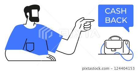 Man pointing to a CASH BACK speech bubble next to a briefcase. Ideal for marketing, promotions, e-commerce, finance, customer loyalty, advertising, business growth. Line metaphor Man pointing to a CASH BACK speech bubble next to a briefcase. Ideal for marketing, promotions, e-commerce, finance, customer loyalty, advertising, business growth. Line metaphor 124404153