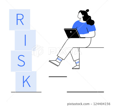 Woman with laptop sitting beside stacked blocks spelling RISK. Ideal for business strategy, financial planning, risk management, decision making, career decisions, creative thinking, education. Line 124404156