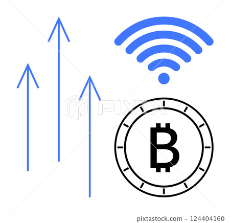 Blue upward arrows indicating growth, a blue wireless signal symbolizing connectivity, and a black-and-white Bitcoin coin suggesting cryptocurrency. Ideal for themes of technology, finance, data Blue upward arrows indicating growth, a blue wireless signal symbolizing connectivity, and a black-and-white Bitcoin coin suggesting cryptocurrency. Ideal for themes of technology, finance, data 124404160