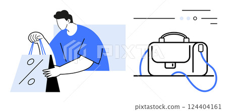 Man holding shopping bags with a percent sign, indicating a discount sale. Nearby, a briefcase with connected lines. Ideal for shopping, sales, promotions, retail, business, commerce, and marketing 124404161
