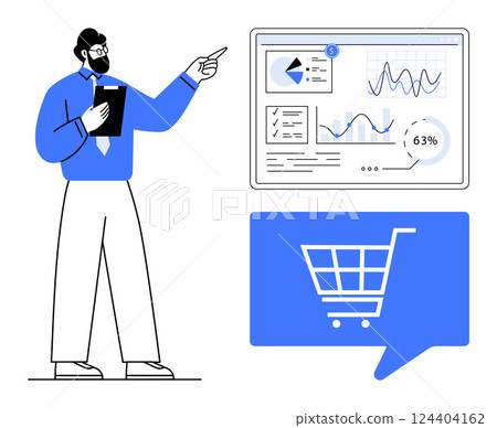 Man pointing at screen displaying charts and graphs, holding clipboard. Blue shopping cart speech bubble below. Ideal for presentations, e-commerce, data analysis, retail, marketing, strategy Man pointing at screen displaying charts and graphs, holding clipboard. Blue shopping cart speech bubble below. Ideal for presentations, e-commerce, data analysis, retail, marketing, strategy 124404162