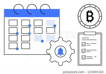 Calendar with highlighted days, a gear with a notification bell, a Bitcoin symbol, and a checklist on a clipboard. Ideal for time management, cryptocurrency, organization, productivity, reminders 124404164