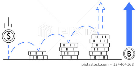 Coins stacking up from left to right with a dollar symbol diminishing and a Bitcoin symbol increasing. Ideal for financial growth, investments, cryptocurrency, digital transactions, market trends 124404168