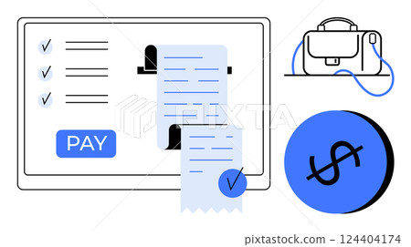 Digital payment screen with PAY button, invoice receipt with check mark, briefcase, and dollar symbol. Ideal for finance, business transactions, online purchases, ecommerce, mobile banking 124404174