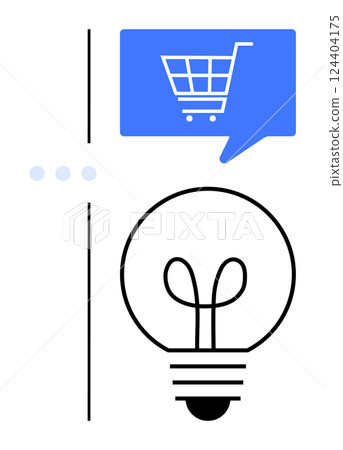 Blue speech bubble with shopping cart icon, light bulb symbolizing a new idea, and gray dots. Ideal for e-commerce, innovation, brainstorming, investment, marketing, online shopping, and business Blue speech bubble with shopping cart icon, light bulb symbolizing a new idea, and gray dots. Ideal for e-commerce, innovation, brainstorming, investment, marketing, online shopping, and business 124404175
