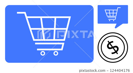 Shopping cart icon on blue background, speech bubble with cart, and dollar sign. Ideal for e-commerce, online shopping, retail apps, digital marketing, payment systems, financial transactions 124404176