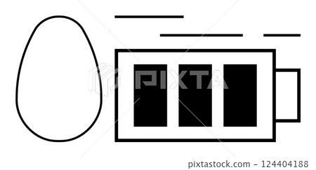Minimalist design with battery icon showing three black bars indicating charge level next to an egg shape. Ideal for technology reviews, energy conservation, battery life improvement, gadget blogs Minimalist design with battery icon showing three black bars indicating charge level next to an egg shape. Ideal for technology reviews, energy conservation, battery life improvement, gadget blogs 124404188