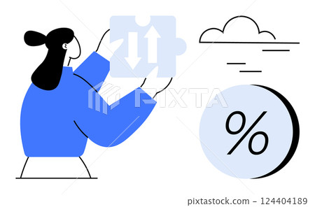 Woman holding puzzle piece with upward and downward arrows near large percentage symbol and cloud. Ideal for business strategy, finance, analysis, problem-solving, market trends, economic impact 124404189