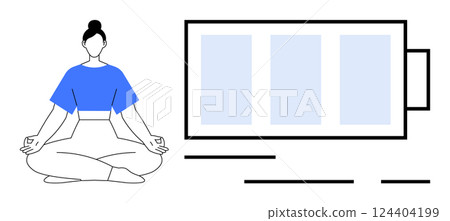 Woman in a seated yoga pose meditates beside a large battery icon with minimalist elements. Ideal for wellness, mindfulness, self-care, energy management, relaxation, health retreats, and digital 124404199