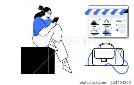 Woman sitting on a block while browsing an online store on her tablet. E-commerce screen shows product images, and a bag is displayed. Ideal for online shopping, digital marketing, e-commerce Woman sitting on a block while browsing an online store on her tablet. E-commerce screen shows product images, and a bag is displayed. Ideal for online shopping, digital marketing, e-commerce 124404200