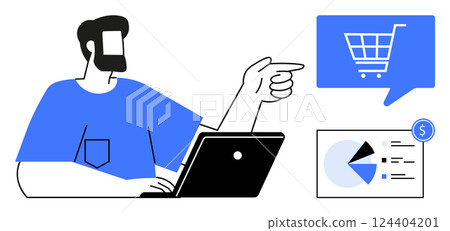 Man with a laptop points at a shopping cart icon, analyzing a pie chart with a dollar sign. Ideal for e-commerce, online shopping, business analysis, marketing, finance, digital sales, market Man with a laptop points at a shopping cart icon, analyzing a pie chart with a dollar sign. Ideal for e-commerce, online shopping, business analysis, marketing, finance, digital sales, market 124404201