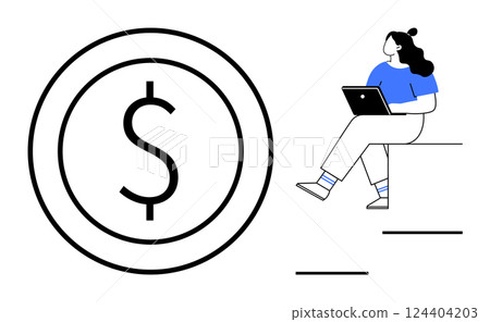 Woman using laptop while sitting on steps next to large dollar sign symbolizing online finance activities. Ideal for finance, online banking, investment, e-commerce, financial planning, remote work 124404203