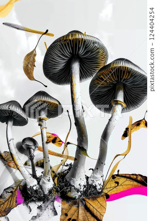 Futuristic Surreal Mushroom Art with Gold Accents and Pink Pop Y2K Style Futuristic Surreal Mushroom Art with Gold Accents and Pink Pop Y2K Style 124404254