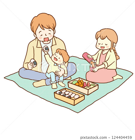 A picnic lunch for three parents and children on a picnic sheet A picnic lunch for three parents and children on a picnic sheet 124404459