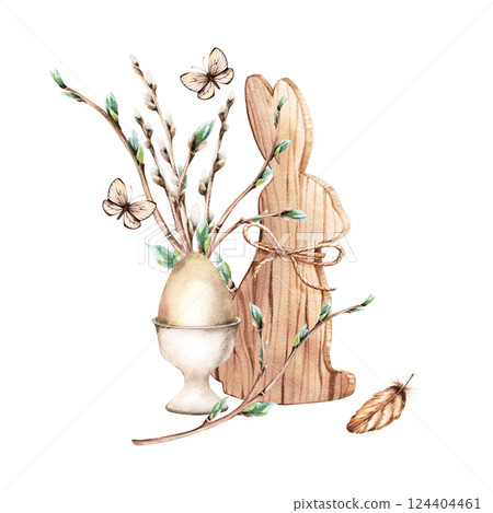 Spring Easter composition with wooden bunny decoration, egg, cup holder, pussy willow branches, butterflies and feather. Watercolor illustration isolated on white. For clip art cards invitation label Spring Easter composition with wooden bunny decoration, egg, cup holder, pussy willow branches, butterflies and feather. Watercolor illustration isolated on white. For clip art cards invitation label 124404461