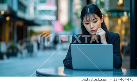 Young business woman using laptop in urban cafe 124404473
