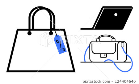Shopping bag with blue price tag, laptop on table, and backpack connected by blue cable. Ideal for retail, e-commerce, business, travel, technology, online shopping, sales. Line metaphor 124404640