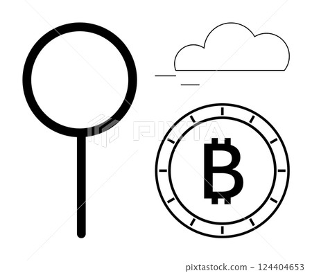 Magnifying glass, cloud, and Bitcoin symbol on a coin with dashed lines. Ideal for finance, cryptocurrency, search, technology, digital economy, online transactions, cloud services. Line metaphor 124404653