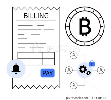 Billing receipt with detailed charges, Bitcoin currency symbol, notification bell, and network structure with gears and padlock. Ideal for invoicing, payment systems, cryptocurrency, security 124404660