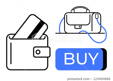 Wallet holding a card, briefcase, and a Buy button communicate online shopping and financial transactions. Ideal for e-commerce, retail, online payments, shopping apps, finance, digital wallets 124404666