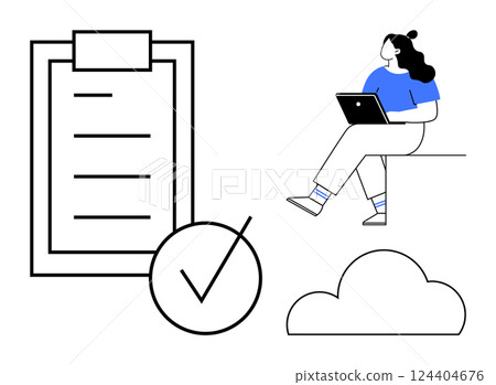 Woman working on laptop, large checklist clipboard with checkmark, cloud icon. Ideal for productivity apps, cloud computing, remote work, project management, task completion, digital planning Woman working on laptop, large checklist clipboard with checkmark, cloud icon. Ideal for productivity apps, cloud computing, remote work, project management, task completion, digital planning 124404676