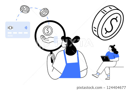 Woman examining a financial transaction with a magnifying glass, a person working on a laptop, credit card, and coins. Ideal for finance, banking analytics, app design, financial education Woman examining a financial transaction with a magnifying glass, a person working on a laptop, credit card, and coins. Ideal for finance, banking analytics, app design, financial education 124404677
