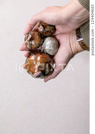 Hand Holding Ceramic Decorative Pumpkins 124404683