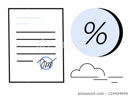 Signed contract with a large percentage symbol and small cloud elements. Ideal for finance, interest rates, loans, agreements, contracts, business deals, financial planning. Line metaphor 124404694