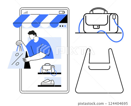 Man shopping online via mobile app with a storefront. Displayed bag, shoe icons. Ideal for e-commerce, online retail, mobile apps, digital transactions, virtual stores, fintech. Line metaphor 124404695