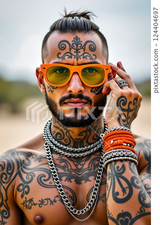 A man with tattoos on his face and neck wearing orange sunglasses 124404697
