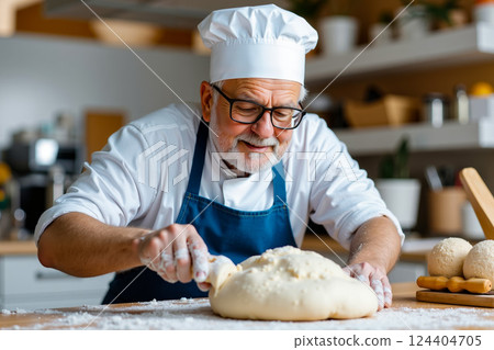 A man in a chef's hat and apron kneading dough on a table 124404705