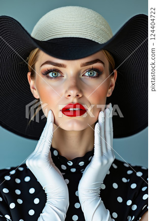 A woman wearing a black hat and white gloves 124404722